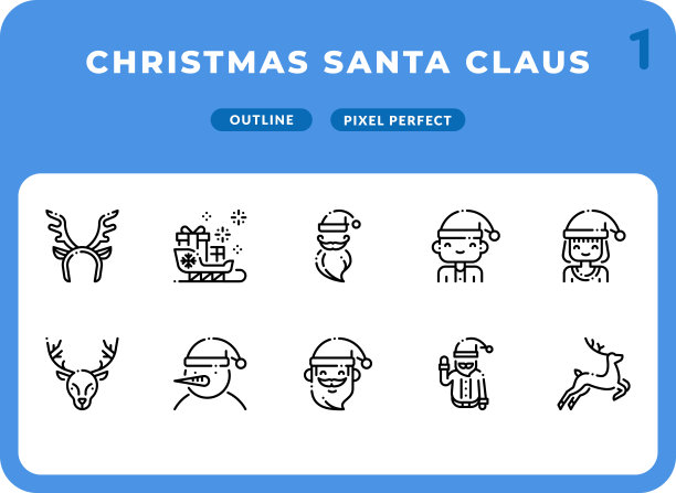 圣诞老人虚线轮廓图标包的UI。像素完美的细线矢量图标设置为网页设计和网站应用。图片下载