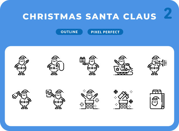 圣诞老人虚线轮廓图标包的UI。像素完美的细线矢量图标设置为网页设计和网站应用。图片下载