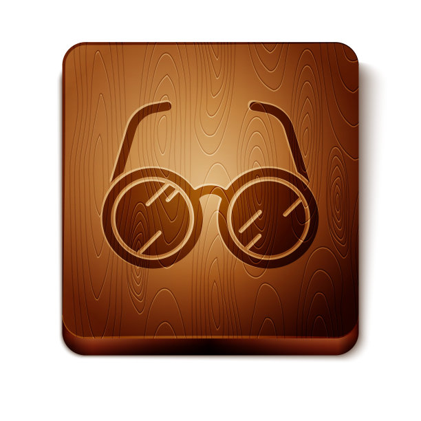 棕色实验室眼镜图标孤立在白色背景。木制方形按钮。矢量图图片下载