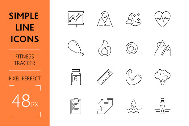 设置健身跟踪简单的线条图标的健康生活方式设备。图片下载
