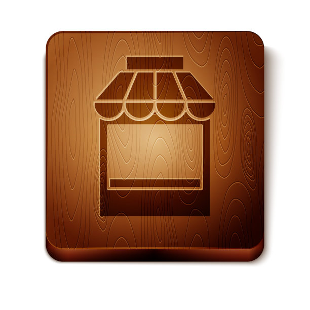 棕色购物大楼或市场商店图标孤立在白色背景。店建设。木制方形按钮。矢量图图片下载