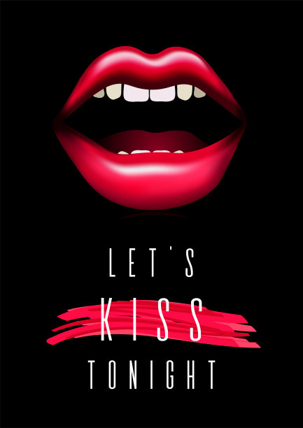 时尚的“今夜让我们亲吻”情人节贺卡。性感女人的嘴唇和红色的笔触在黑色的背景上。图片下载