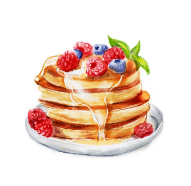 用覆盆子、蓝莓和薄荷叶做成的水彩煎饼。图片下载