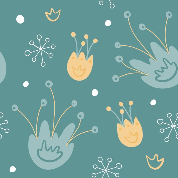 花卉无缝模式。手绘涂鸦矢量插图。蓝色和黄色的花在绿色的背景上。图片下载