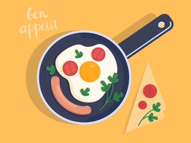 煎蛋、西红柿和香肠。矢量插图。平的风格图片下载