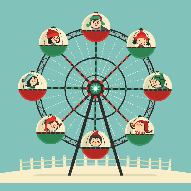 快乐的小朋友坐上摩天轮平色向量图片下载