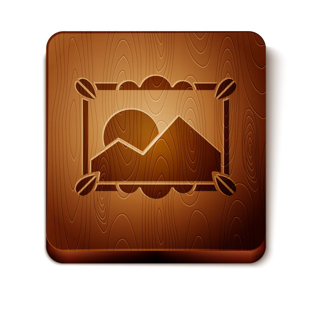 棕色图片风景图标孤立在白色背景。木制方形按钮。矢量图图片下载