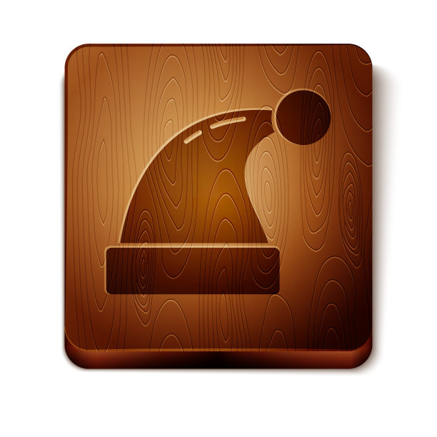 白色背景上孤立的棕色圣诞老人帽子图标。圣诞快乐，新年快乐。木制方形按钮。矢量图图片下载