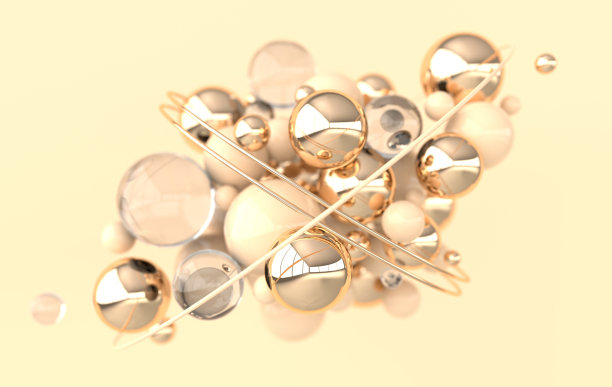 彩色球3d渲染。混乱的球体几何抽象背景，原始的形状，极简的设计，米黄色和金色的颜色，玻璃和金属图片下载