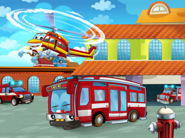 消防车辆在消防站附近的道路上的卡通场景图片下载