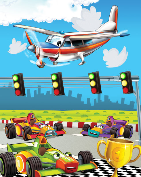 卡通场景与超级赛车和观察飞机飞过图片下载