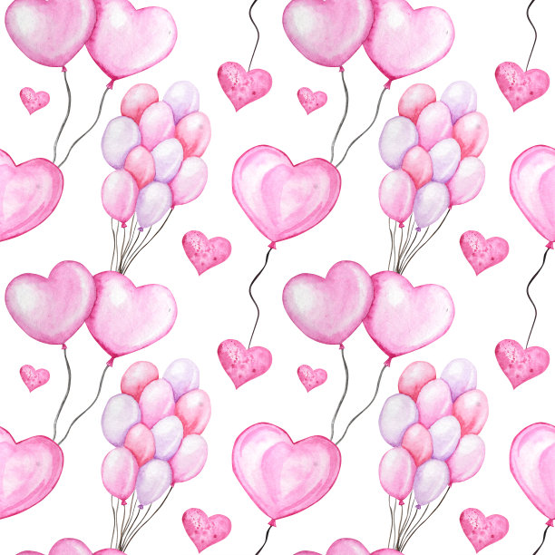 无缝水彩心形气球图案，爱心贺卡概念。气球纹理的剪贴簿。婚礼，情人节横幅，海报设计。手绘红粉心在白色的背景图片下载