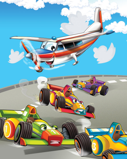 卡通场景与超级赛车和观察飞机飞过图片下载
