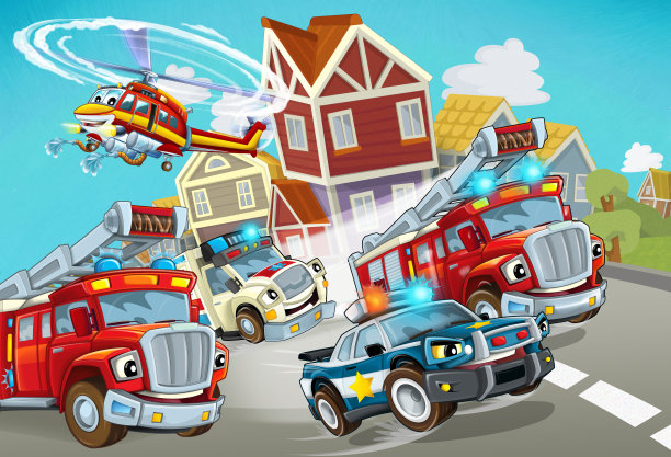 卡通场景:消防车辆、警车、救护车在路上行驶图片下载