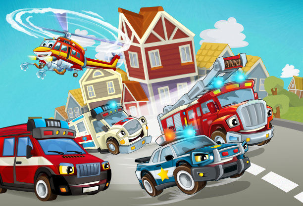 卡通场景:消防车辆、警车、救护车在路上行驶图片下载