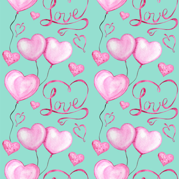 无缝图案水彩丝带心，情书贺卡概念。婚礼或情人节的横幅，海报设计在蓝色的背景上手绘红粉心。纹理的剪贴簿图片下载