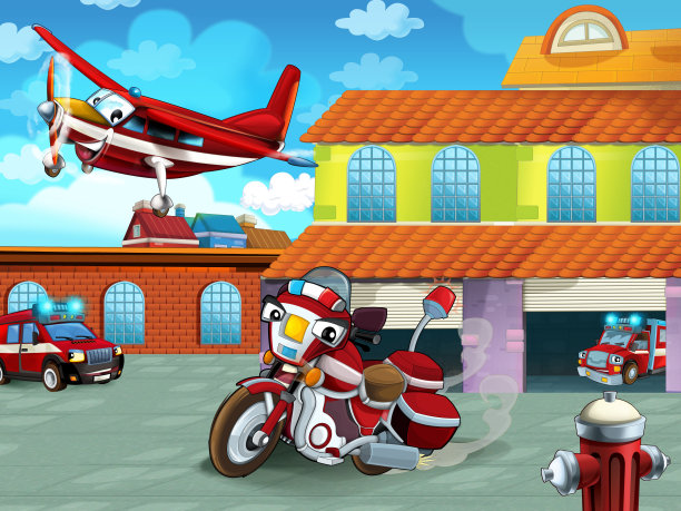 消防车辆在消防站附近的道路上的卡通场景图片下载