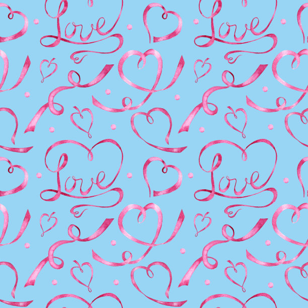 无缝图案水彩丝带心，情书贺卡概念。婚礼或情人节的横幅，海报设计在蓝色的背景上手绘红粉心。纹理的剪贴簿图片下载