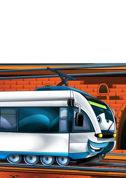 卡通有趣的火车在火车站附近的城市在白色的背景图片下载
