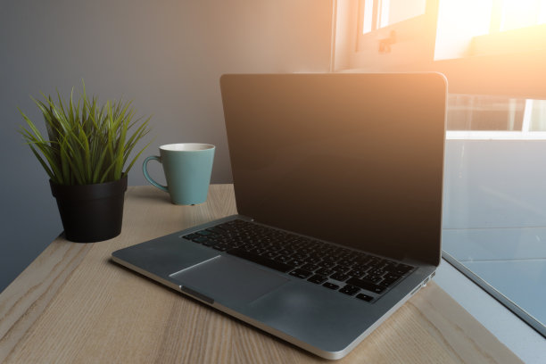 在一个阳光明媚的早晨，黑色的笔记本电脑，花盆里的绿草，木桌上的一个马克杯架，背景是灰蓝色的。从侧面看。图片下载