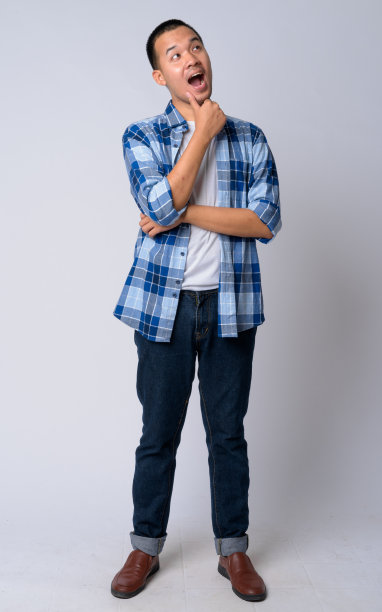 全身照片的快乐年轻的亚洲潮人思考图片下载