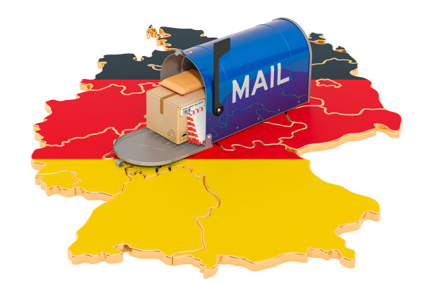 德国地图上的邮箱。海运在德国，概念。3D渲染孤立的白色背景图片下载
