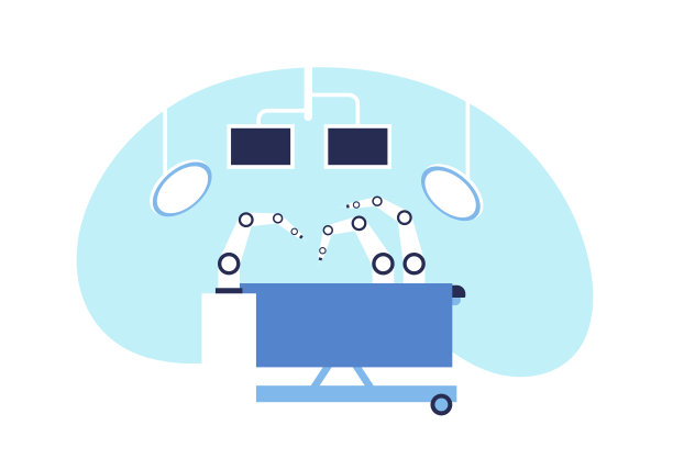 矢量现代平面机器人手术插图。手术室机器人手外科医生，监视器和灯在白色背景上隔离。设计元素为医药网站，ui，海报，横幅。图片下载