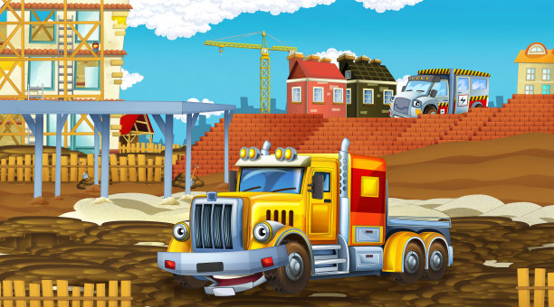 工业汽车在建筑工地的卡通场景图片下载