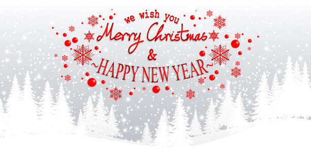 冬天的风景有雪花，白色的松树在山上，我们祝圣诞快乐和新年快乐的文字在浅灰色的背景红色。圣诞标语。矢量插图。图片下载