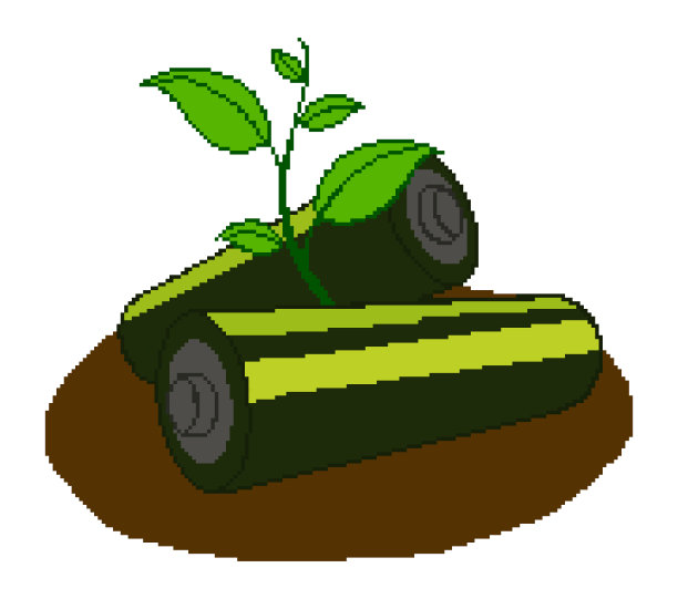 两块绿色的电池躺在地上，一颗嫩芽从它们上面发芽。像素艺术插图图片下载
