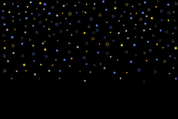 金色，蓝色星星，链轮，黑色背景上闪亮的五彩纸屑。流星的效果。新年圣诞背景图片下载