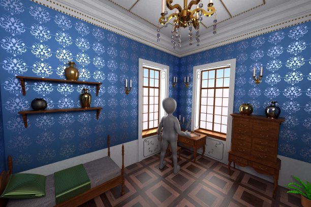 巴洛克房间卡通人物的3D渲染图片下载