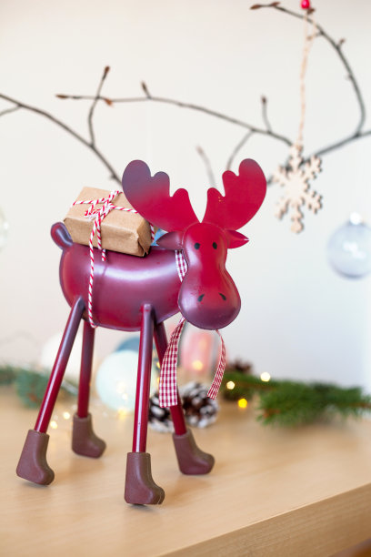 现代时尚简约圣诞家居装饰。红驼鹿，树枝。DIY室内设计理念图片下载