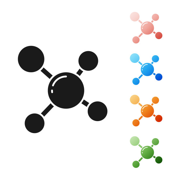 黑色分子图标孤立在白色背景。化学分子结构，科学教师创新教育海报。设置图标丰富多彩。矢量图图片下载
