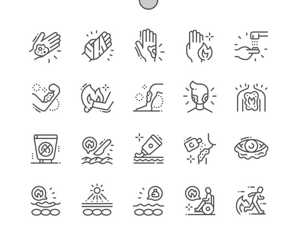 皮肤烧伤精心制作的像素完美矢量细线图标30 2x网格的Web图形和应用程序。简单的最小的象形图图片下载