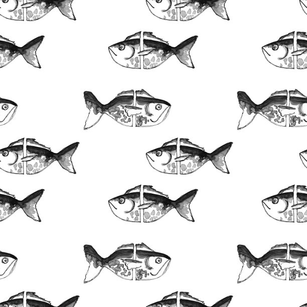 黑白相间的图案抽象的鱼。纹理有斑点和条纹。手绘墨水和羽毛画在白色背景剪辑艺术图形元素的创意设计和打印装饰。图片下载