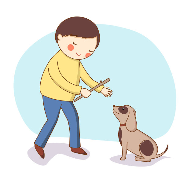 一个男孩和一只狗玩耍。图片下载