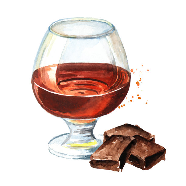 盛有半酒精饮料的玻璃杯，威士忌或白兰地或白兰地和巧克力棒。水彩手绘插图孤立的白色背景图片下载