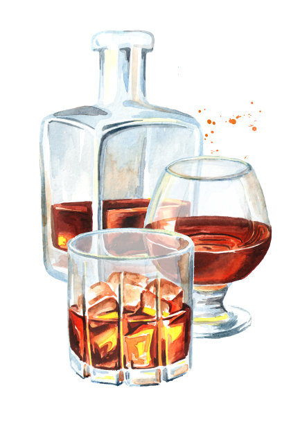 装半酒精的威士忌、白兰地或白兰地的瓶子和玻璃杯。水彩手绘插图，孤立的白色背景图片下载