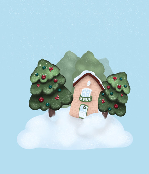 圣诞插图，一个雪山上装饰着节日的砖房在云杉森林。图片下载