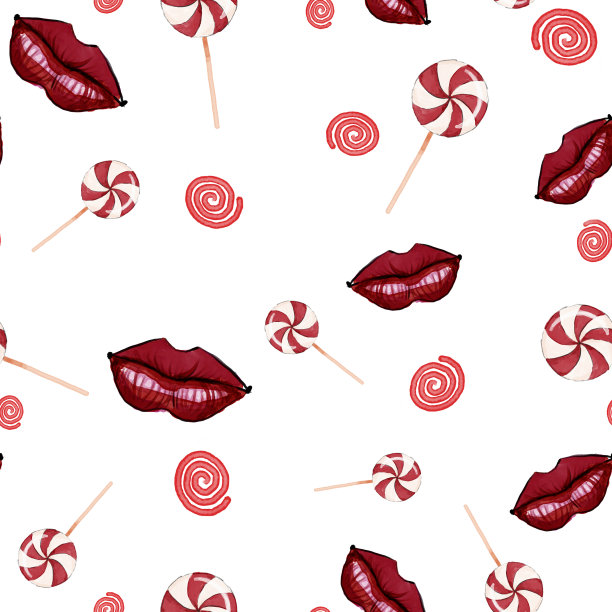 水彩素描，无缝图案，时尚插画与红唇，糖果和抽象螺旋。图片下载