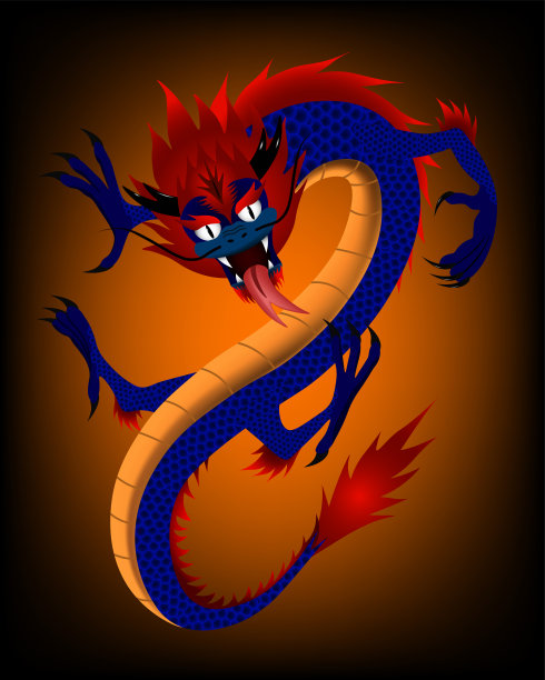 矢量插图的中国龙。它有一个蓝色和红色的身体在一个橙色和黑色的背景。图片下载