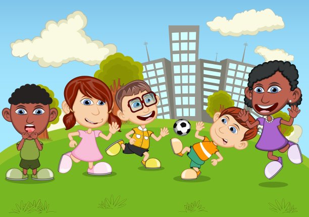 儿童在公园玩滑板、篮球、跳绳、足球等矢量动画插图图片下载