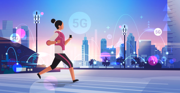 女人慢跑和听音乐5G高速互联网网络第五代创新无线系统连接概念现代城市景观背景平坦水平全长图片下载