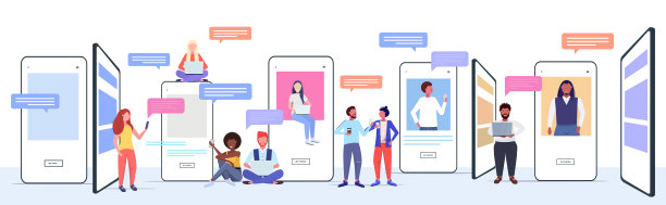 混合种族的人在数字设备上使用聊天应用程序社交网络聊天气泡通信概念智能手机屏幕在线移动应用程序全长水平图片下载