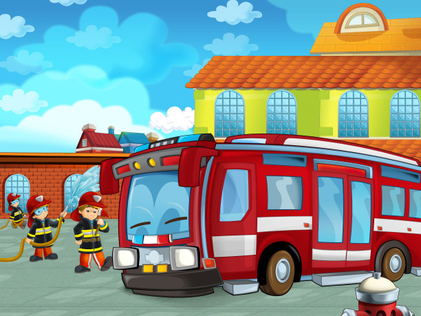 消防队员车在消防站附近的道路上的卡通场景图片下载
