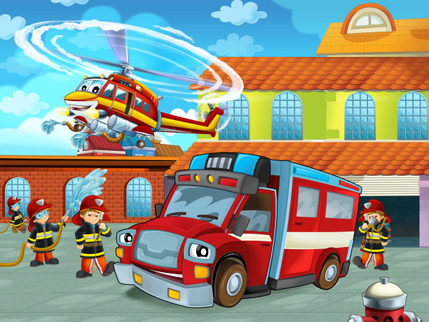 消防队员车在消防站附近的道路上的卡通场景图片下载