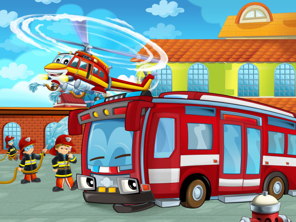 消防队员车在消防站附近的道路上的卡通场景图片下载