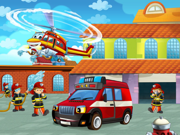 消防队员车在消防站附近的道路上的卡通场景图片下载