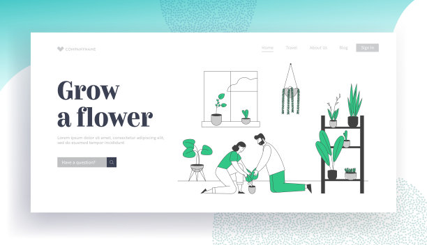 快乐夫妇照料室内植物网站登陆页面。青年男女在家种植盆栽享受园艺爱好网页横幅。卡通平面矢量插图，线条艺术图片下载